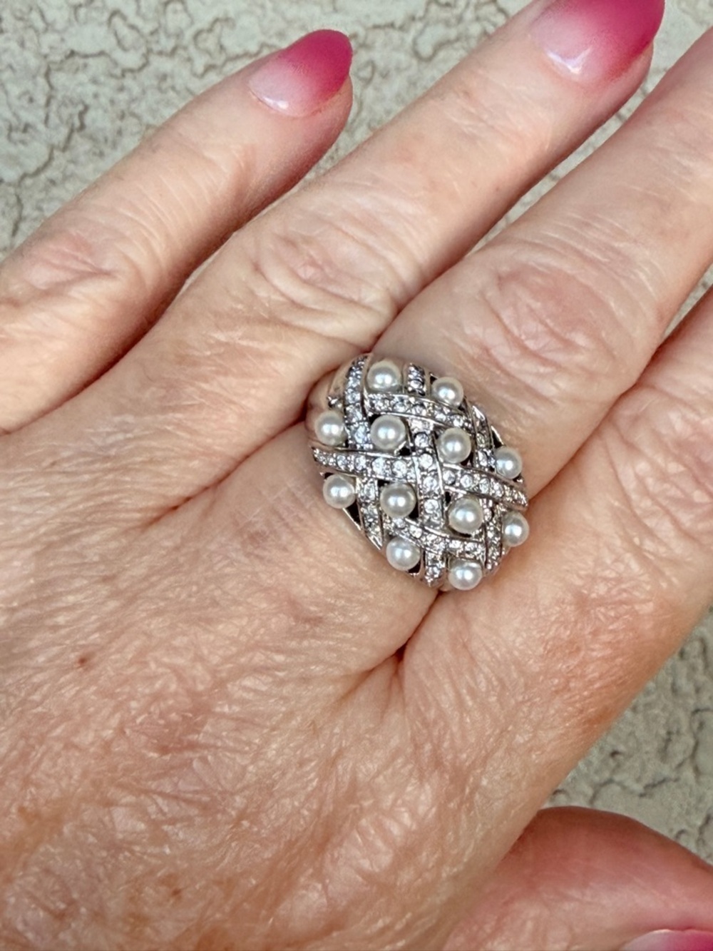 Camille Lucie Silver Pave CZ Pearl Lattice Work Ring